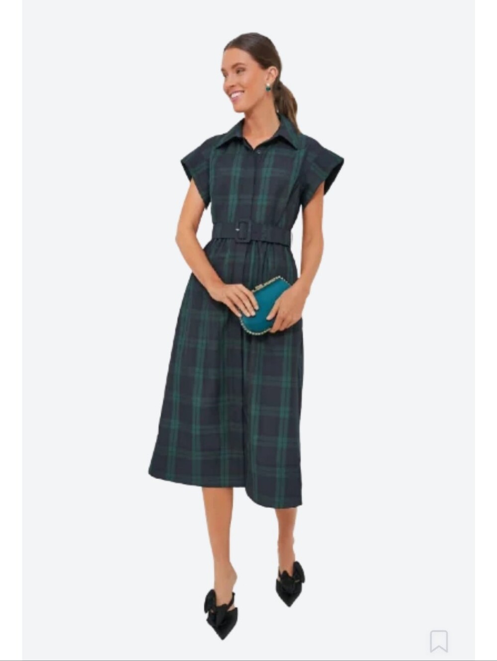 Tuckernuck Chloe Belted Midi Shirt Dress in Blackwatch Plaid - Size Small